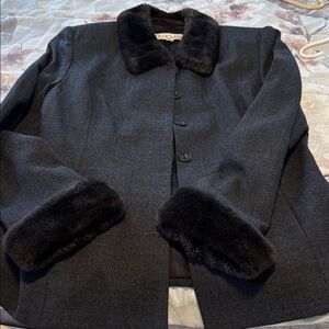 Chic Black vintage wool Jacket with Faux Fur Accents